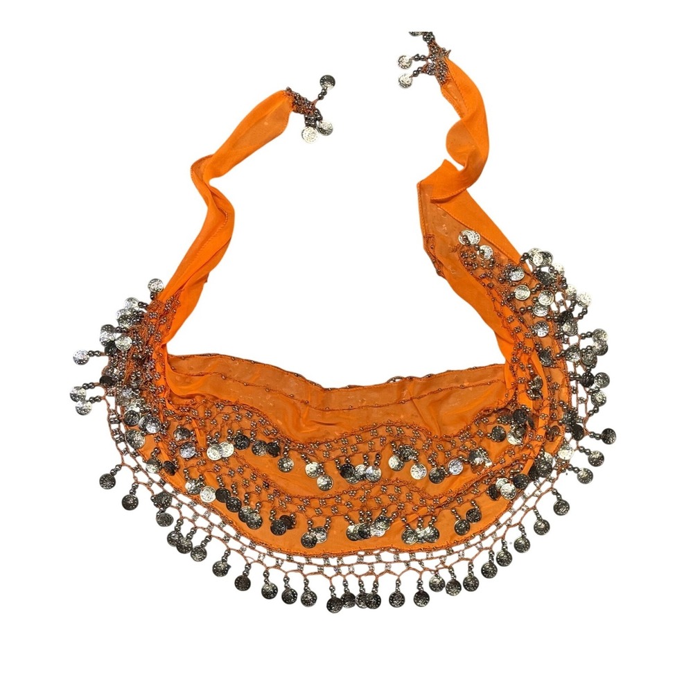 Orange Belly Dance Hip Scarf Silver Coin Beaded Chiffon Wrap Skirt Festival Boho
